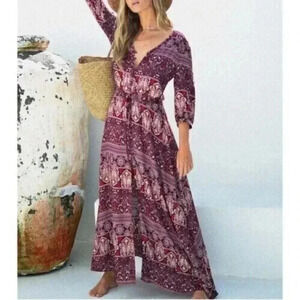 Le Salty Label Maxi Dress Boho Gypsy Button Front V Neckline Short Sleeves